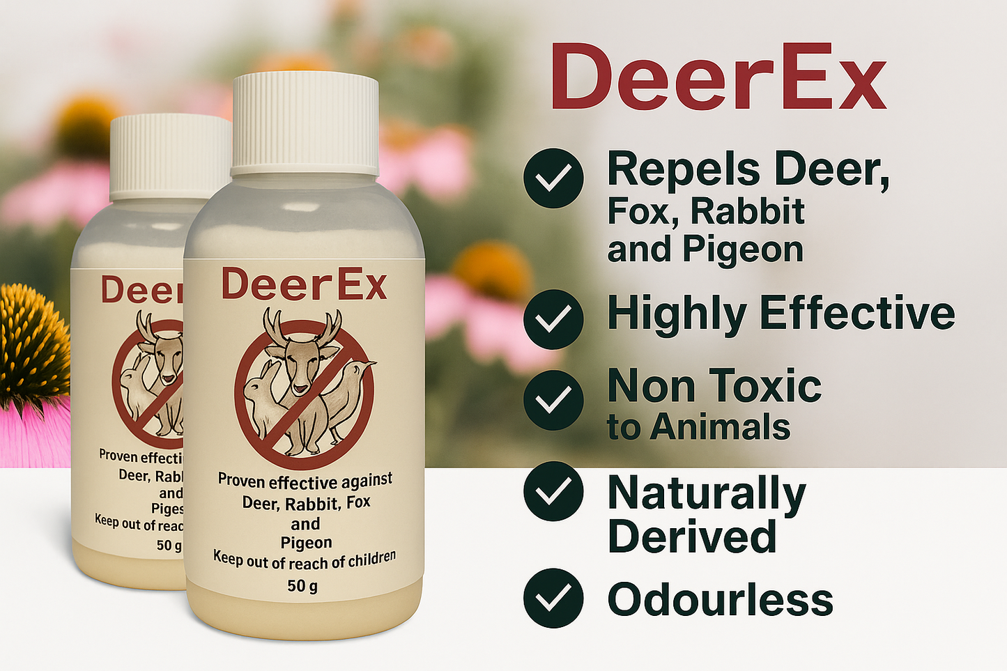 DeerEx Natural Deer & Wildlife Repellent – Garden Deer Deterrent, Rabbit, Fox & Pigeon Control, Safe for Plants and Pets, Eco-Friendly Garden Protection