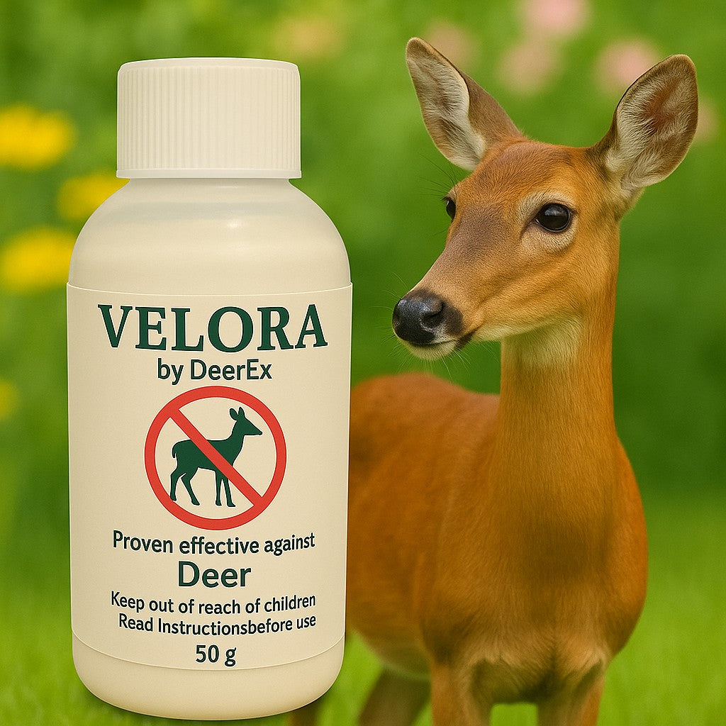2x 50g Velora Deer Repellent Concentrate deters deer naturally. Pet-safe, biodegradable, and made in the UK.