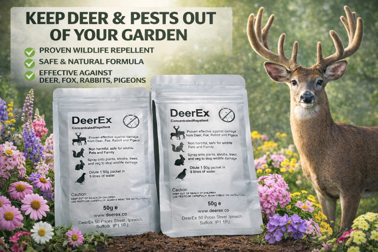 The best deer and wildlife repellent - Safe - Eco Friendly - Non Toxic - Effective. Love Nature, Love Your Garden. Bottle of DeerEx garden protection solution with text promoting winter deer damage prevention.